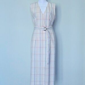 Hugo Boss: White Plaid Sleeveless V-cut Belted Midi Dress